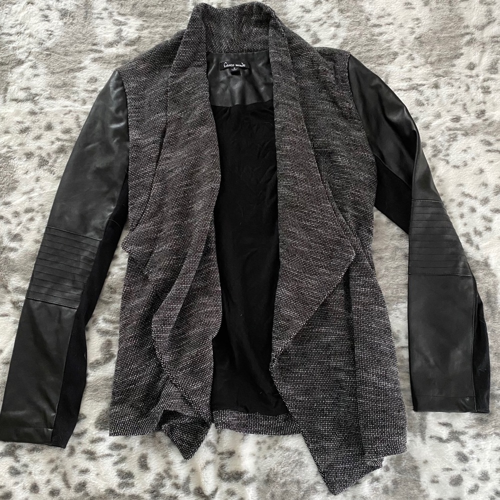 LikeNew Black Grey Cardigan Black Leather Sleeve